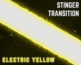 Può includere: Un effetto di transizione stinger elettrico giallo brillante con il testo "STINGER TRANSITION" e "ELECTRIC YELLOW" su uno sfondo nero.