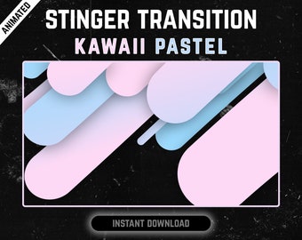 Può includere: Forme geometriche animate in rosa pastello e blu su uno sfondo nero. Il testo "STINGER TRANSITION KAWAII PASTEL" è nella parte superiore dell'immagine. Il testo "INSTANT DOWNLOAD" è nella parte inferiore dell'immagine.