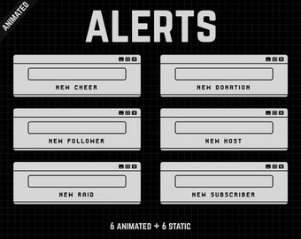 May include: Six animated and six static alert boxes with a gray background and black outlines. The boxes display the text "NEW CHEER", "NEW DONATION", "NEW FOLLOWER", "NEW HOST", "NEW RAID", and "NEW SUBSCRIBER".