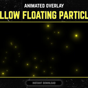 Pode incluir: Sobreposição animada com o texto "YELLOW FLOATING PARTICLES" em letras amarelas sobre um fundo preto. A sobreposição apresenta uma série de pequenas partículas amarelas e brilhantes que parecem flutuar e mover-se aleatoriamente.