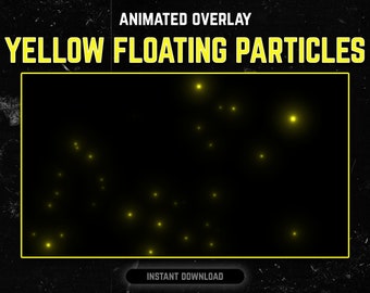 Può includere: Sovrapposizione animata con il testo "YELLOW FLOATING PARTICLES" in lettere gialle su uno sfondo nero. La sovrapposizione presenta una serie di piccole particelle gialle e luminose che sembrano fluttuare e muoversi casualmente.