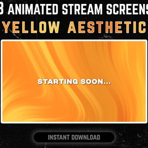 Könnte beinhalten: Drei animierte Stream-Bildschirme mit gelber Ästhetik. Die Bildschirme zeigen einen wirbelnden gelben und orangen Hintergrund mit dem Text "Starting Soon..." in der Mitte. Der Text "Instant Download" befindet sich am unteren Rand des Bildes.