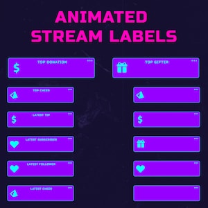 Puede incluir: Etiquetas de transmisión animadas para Twitch o YouTube. Las etiquetas son moradas con contornos azules e incluyen iconos para donaciones, vítores, propinas, suscriptores, seguidores y donantes.