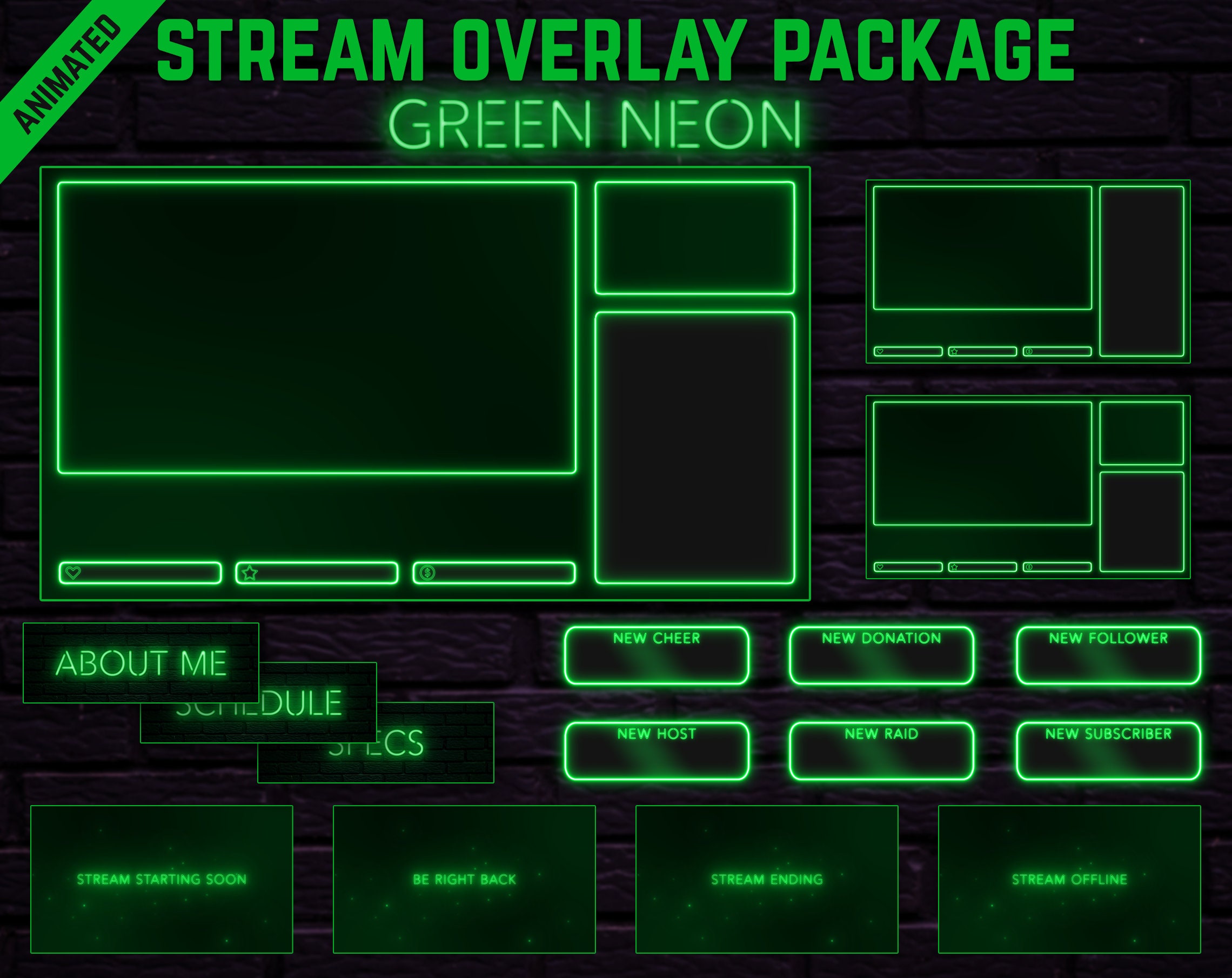 Green Neon Twitch Overlay Package Minimal Lime Green Neon Etsy
