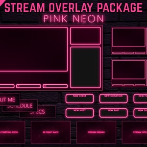 Op de afbeelding: Geanimeerd roze neon stream overlay-pakket met verschillende elementen, waaronder een hoofdscherm, een chatbox, een over mij-sectie, een schema, specificaties, nieuwe cheer, nieuwe donatie, nieuwe volger, nieuwe host, nieuwe raid, nieuwe abonnee, stream start binnenkort, zo meteen terug, stream eindigt en stream offline.