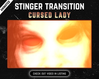 Può includere: Effetto di transizione animato con il testo "STINGER TRANSITION CURSED LADY" in nero su uno sfondo nero con una texture granulosa. L'immagine mostra un primo piano del viso di una donna con occhi rossi luminosi.