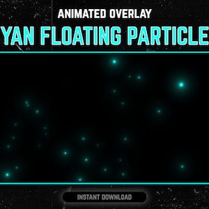 Peut inclure: Superposition animée avec le texte "CYAN FLOATING PARTICLES" en cyan vif. La superposition présente un fond noir avec une dispersion de petites particules cyan brillantes qui semblent flotter et briller.