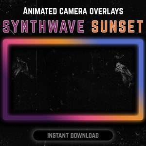 Può includere: Sovrapposizioni di fotocamera animate con la scritta "SYNTHWAVE SUNSET" in viola e arancione. Una cornice rettangolare in stile neon con una sfumatura di viola, rosa, arancione e blu. Le parole "INSTANT DOWNLOAD" sono in basso.