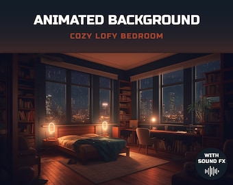 Può includere: Sfondo animato che mostra una camera da letto accogliente con un letto, comodini, lampade e librerie. Le finestre si affacciano su uno skyline notturno della città con la pioggia che cade. Il testo "WITH SOUND FX" è nell'angolo in basso a destra.