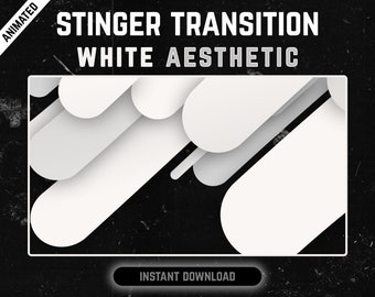 Puede incluir: Diseño gráfico animado blanco con formas redondeadas superpuestas sobre un fondo negro. El texto "STINGER TRANSITION WHITE AESTHETIC" está en la parte superior de la imagen. El texto "INSTANT DOWNLOAD" está en la parte inferior de la imagen.