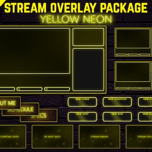 May include: Animated stream overlay package with yellow neon accents. Includes panels for about me, schedule, stats, new cheer, new donation, new follower, new host, new raid, new subscriber, stream starting soon, be right back, stream ending, and stream offline.