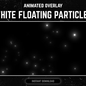 Pode incluir: Sobreposição animada de partículas brancas flutuantes sobre um fundo preto. O texto "WHITE FLOATING PARTICLES" está na parte superior da imagem. O texto "INSTANT DOWNLOAD" está na parte inferior da imagem.