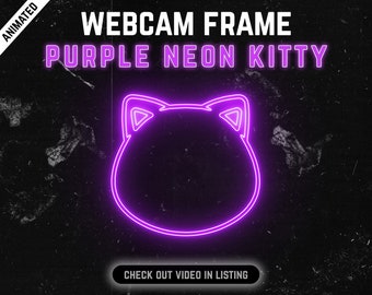Może przedstawiać: Animowana ramka do kamery internetowej z fioletowym neonowym konturem kotka. Ramka znajduje się na czarnym tle z fakturą grunge. Tekst "WEB CAM FRAME" i "PURPLE NEON KITTY" znajduje się w górnej części obrazu. Tekst "CHECK OUT VIDEO IN LISTING" znajduje się w dolnej części obrazu.