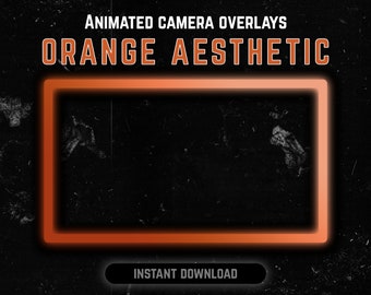 May include: Animated camera overlays with an orange aesthetic. The overlays are in a rectangular frame with a black background and a grainy texture. The text "ORANGE AESTHETIC" is in large, bold, white letters above the frame. The text "INSTANT DOWNLOAD" is in white letters on a black button below the frame.