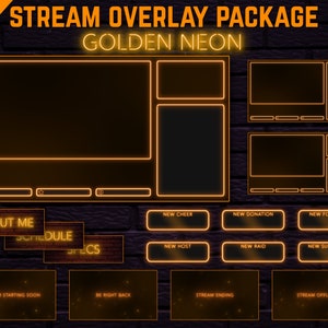 Gold Neon Twitch Overlay Package - Minimal Orange Golden Neon Twitch Theme | Aesthetic Stream Overlay Pack