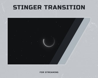 May include: A black and white stinger transition for streaming with a crescent moon shape in the center. The text "STINGER TRANSITION" is at the top of the image and the text "FOR STREAMING" is at the bottom.