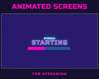 Può includere: Sovrapposizione di schermo animata con testo al neon blu e rosa che recita "STREAM STARTING" con una barra di avanzamento sottostante. Lo sfondo è blu scuro con macchie bianche.