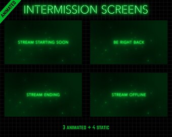 Può includere: Quattro modelli di schermo verde animati per lo streaming. Gli schermi mostrano il testo "Stream Starting Soon", "Be Right Back", "Stream Ending" e "Stream Offline".