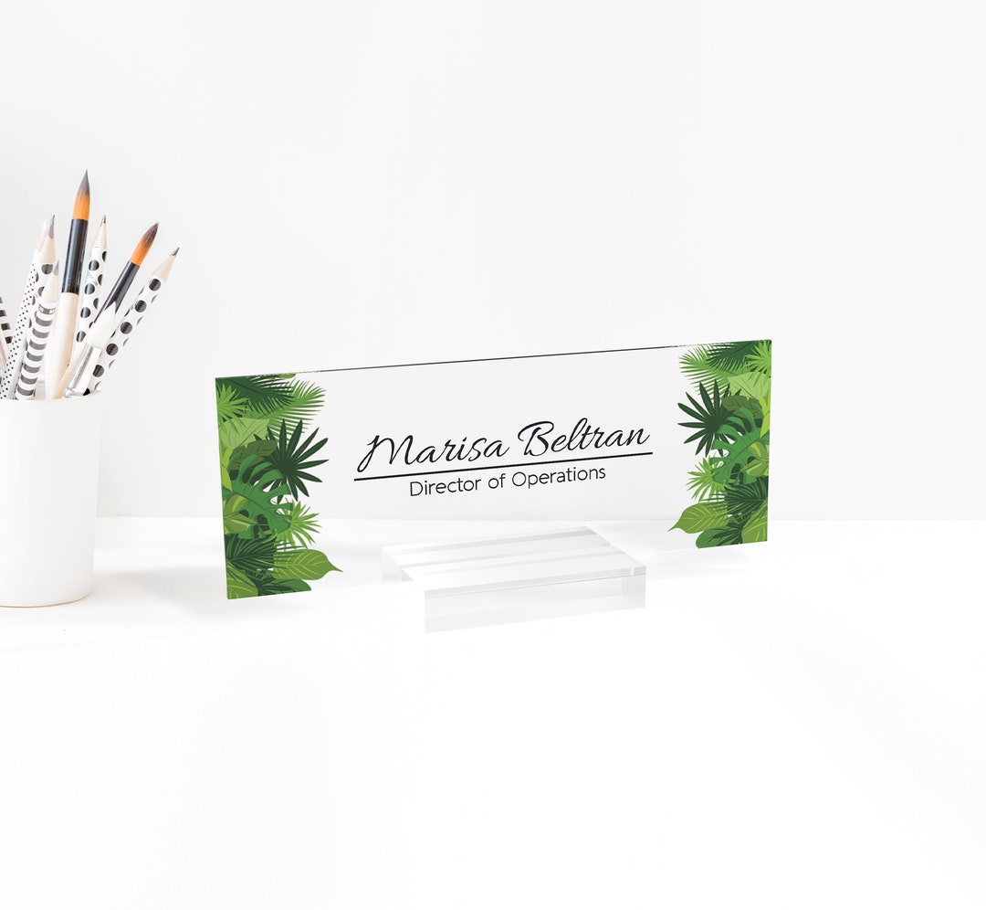 Personalized Name Plate for Desk, Green Flower Design on Clear Acrylic ...