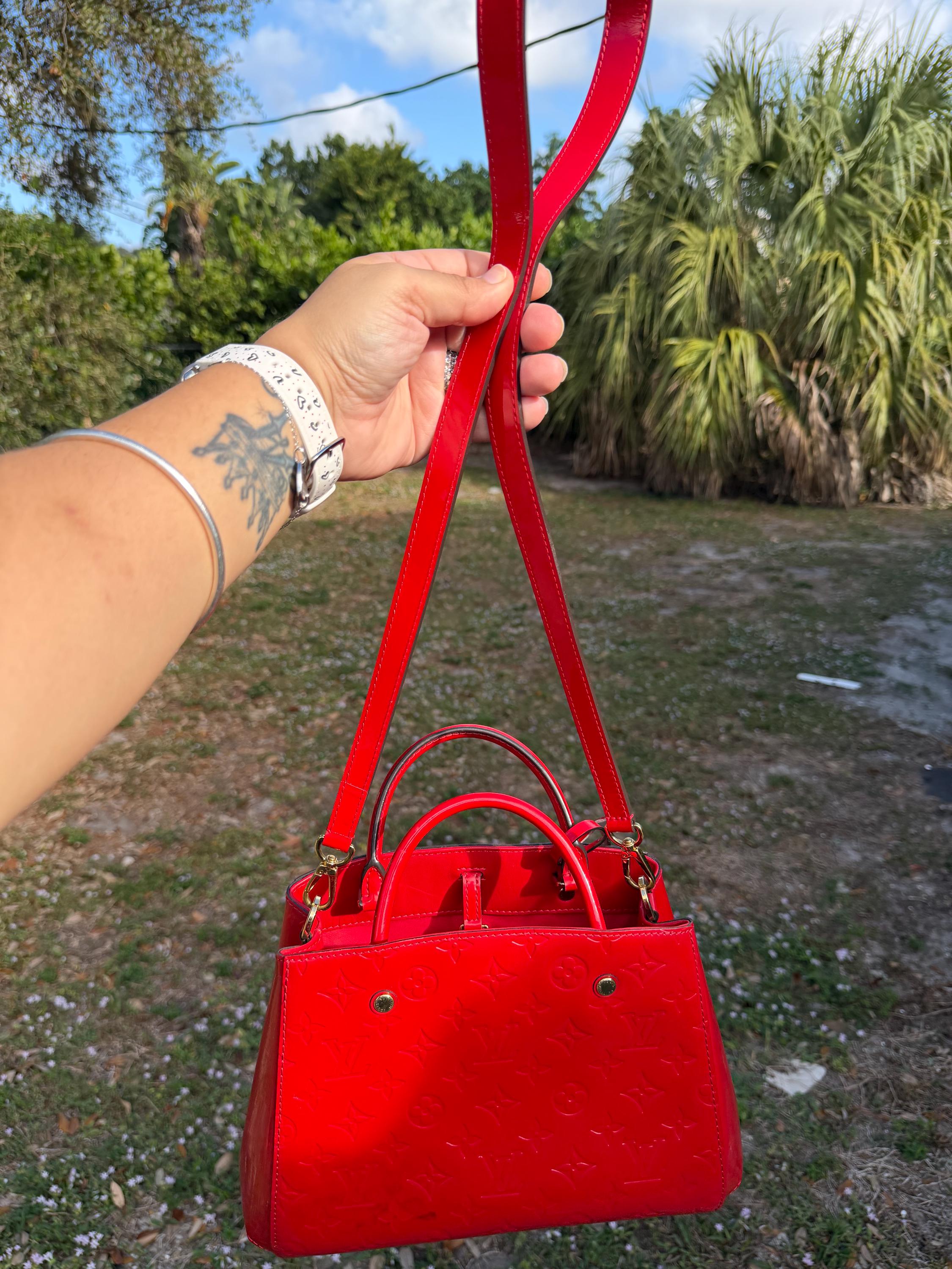 Louis Vuitton レッド ハンドバッグ Authentic Louis Vuitton Hand Bag Montaigne BB Red Vernis - Etsy