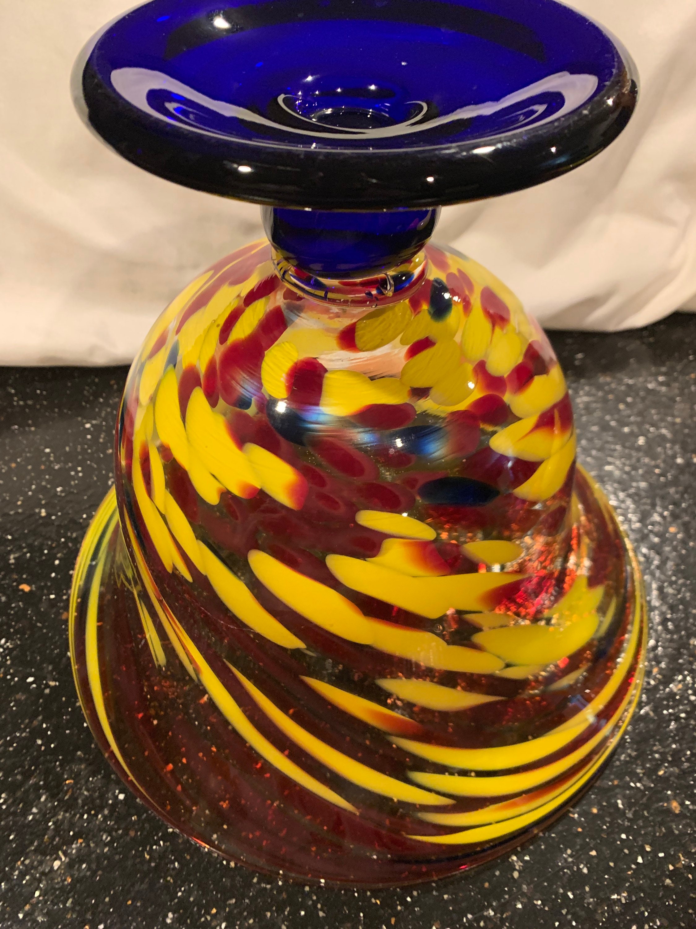 Vintage pedestal fruit serving bowl. Beautiful red blue and Etsy