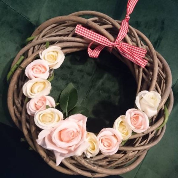 Summer wreath for front door; Wicker wreath with roses - Housewarming gift-home decor-All season wreath-Year round wreath | Wicker wreath