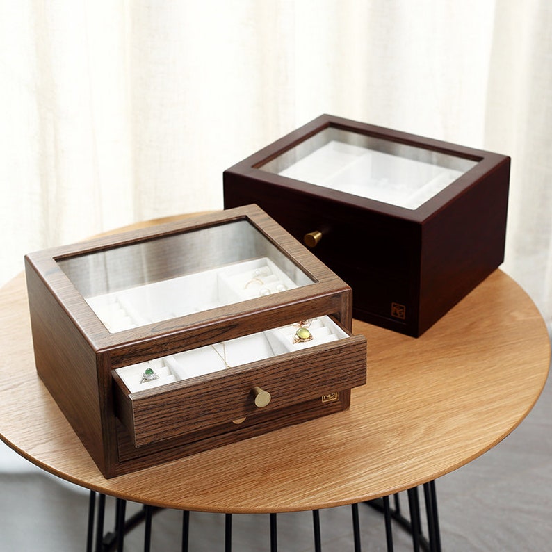 2drawer Large Wooden Jewelry Box Glass Top Jewelry Etsy