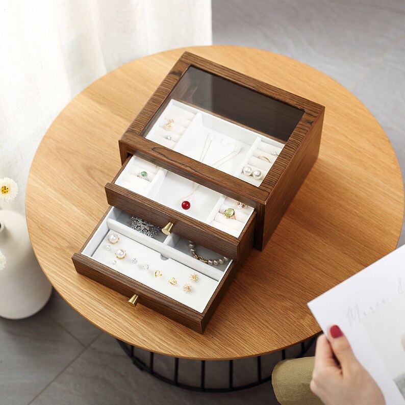 2drawer Large Wooden Jewelry Box Glass Top Jewelry Etsy