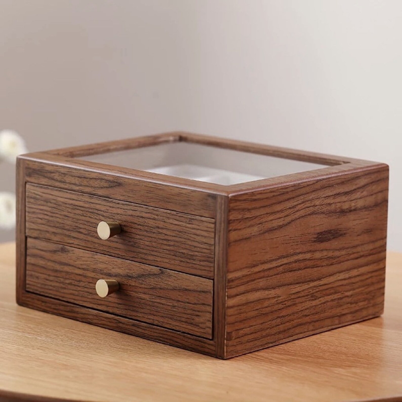 2drawer Large Wooden Jewelry Box Glass Top Jewelry Etsy