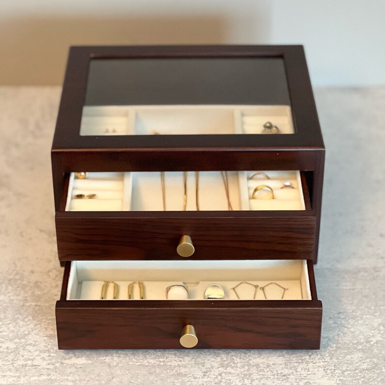 2drawer Large Wooden Jewelry Box Glass Top Jewelry Etsy