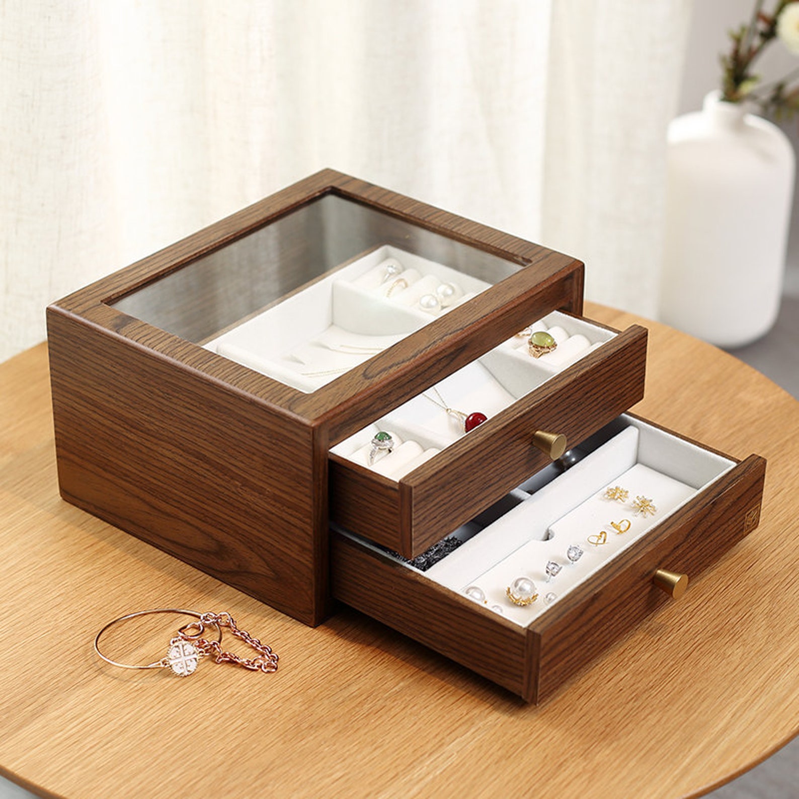 2drawer Large Wooden Jewelry Box Glass Top Jewelry Etsy