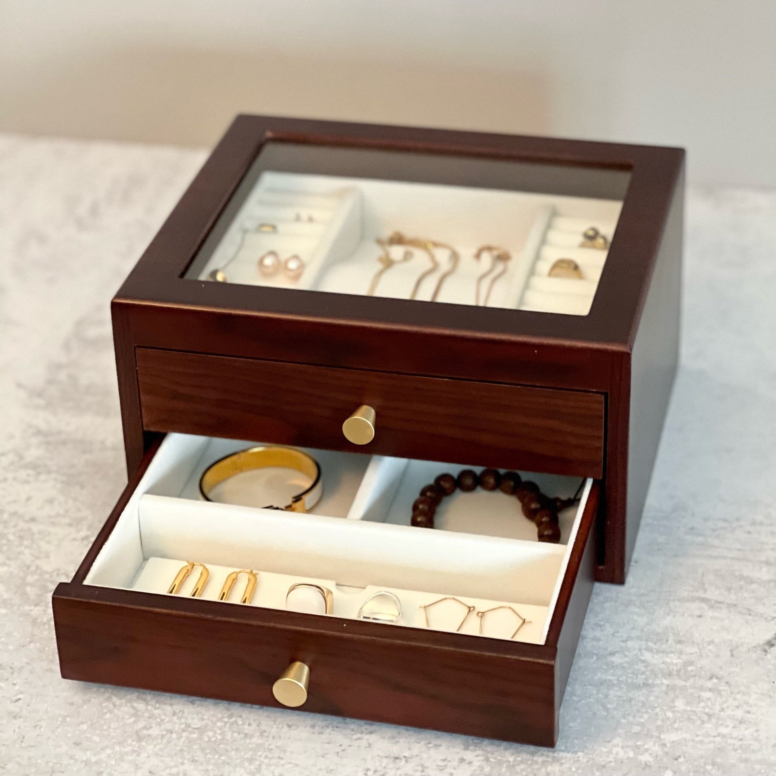 2drawer Large Wooden Jewelry Box Glass Top Jewelry Etsy