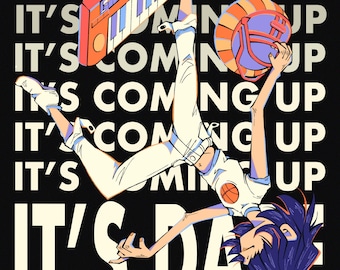 Puede incluir: Ilustración de una persona con ropa blanca, sosteniendo un teclado y una pelota de baloncesto, con el texto "IT'S COMING UP" sobre un fondo negro. La obra tiene un estilo artístico único.