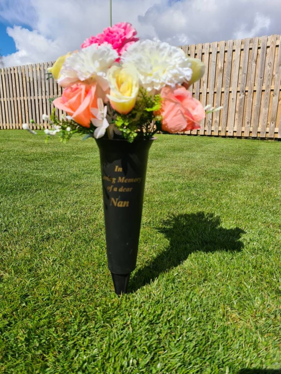 Memorial graveside floral display in vase inscribed Etsy