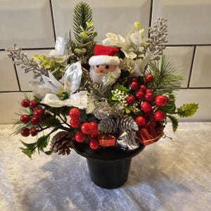 Santa red and White Faux Flower Memorial Grave Pot. Christmas Childs Santa Grave Pot