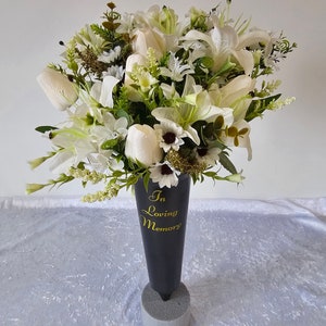 Spiked Grave Vase In Loving Memory with Large White Mixed Bouquet