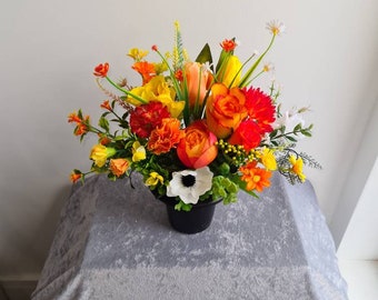 Yellow and Orange Faux Flower Grave Pot Memorial Flowers.