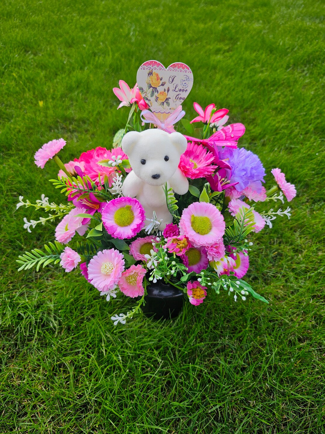 Child s Pink Memorial Flowers Teddy Bear Pink Butterflies And i Love