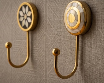 Fresh Drop –Solid Brass Wall Hook with Mother of Pearl Inlay, Vintage Floral Design