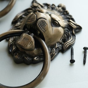 Brass Lion Head Door Gate Knocker Handle Pull Door - Authentic Vintage, Heavy Duty Active