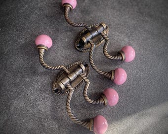 Coat hook ANTIQUE Bronze Rose/Black Ceramic TRIPLE ROPE wall hook,  decorative hook , cast iron hook, French style hook, vintage victorian