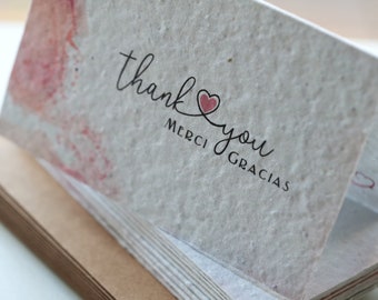 Handmade Seeded Plantable Thank you-Merci-Gracias -Cards  recycled and eco friendly cards thank you favours Set of 10