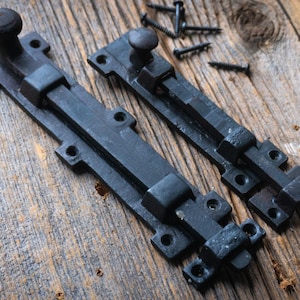 Iron Slide Bolt Door Latch – Burnt/Wax Finish – Old Victorian Scroll Lock – 6.5&quot; or 8&quot;