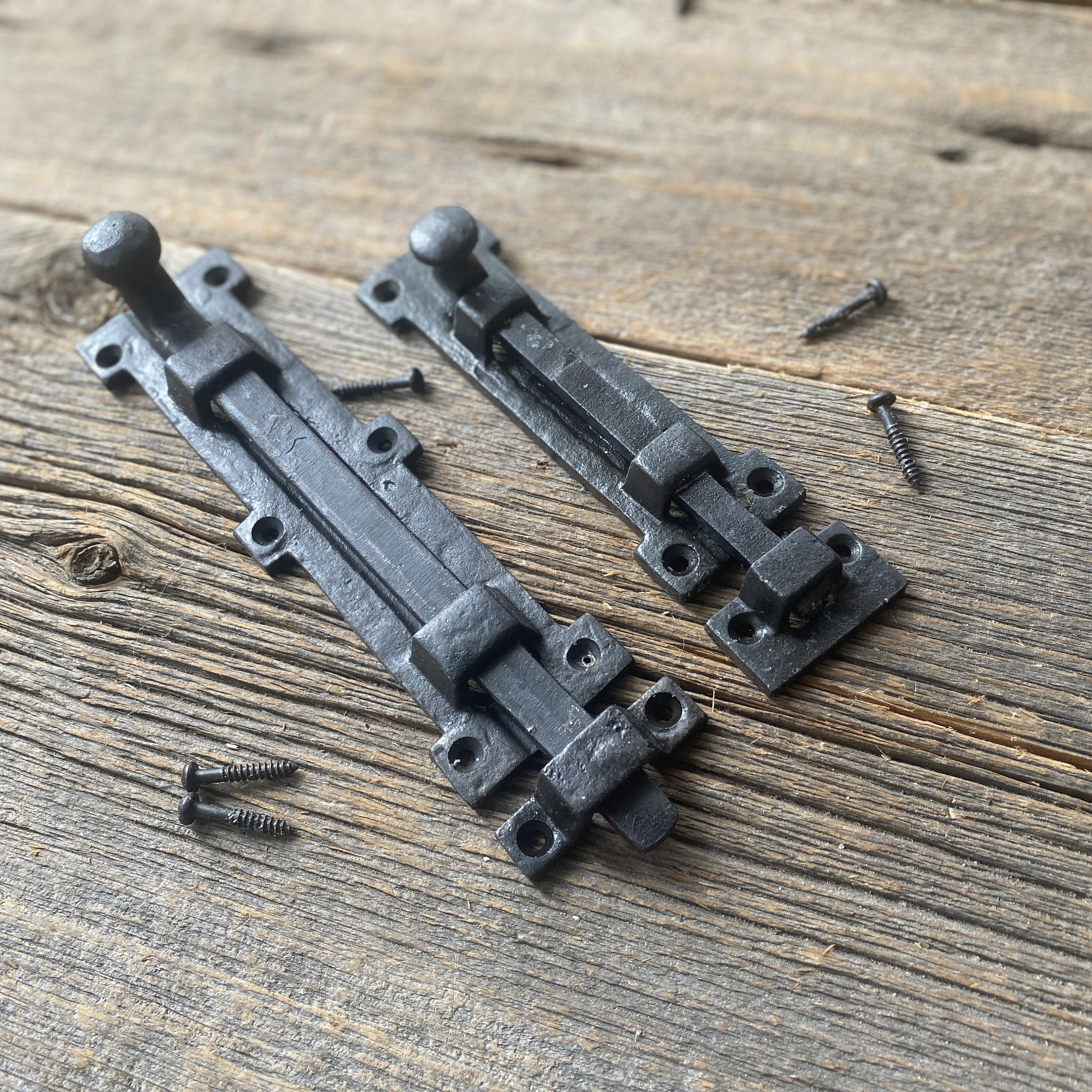 Iron Slide Bolt Door Latch in Burnt/Wax Finish -Old Victorian-Style Scroll Lock Latch Bolt  (6.5" and 8")