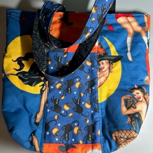 Reversible Tote Bag - Witchy Pinup reverses to Spooky Witches and Black Cats
