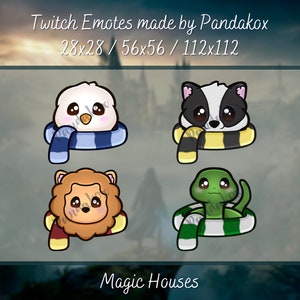 May include: Four cartoon animal emotes for Twitch, each wearing a scarf in their house colors: a white owl with a blue scarf, a black and white badger with a yellow scarf, a lion with a red and gold scarf, and a green snake with a green and white scarf. The text "Magic Houses" is below the emotes.