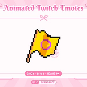Può includere: Emote Twitch animato di una foglia gialla con un cerchio rosa al centro. L'emote è in stile pixelato ed è disponibile in tre dimensioni: 28x28, 56x56 e 112x112 pixel.