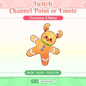 Puede incluir: Un hombre de jengibre de dibujos animados con la nariz roja y las piernas de bastón de caramelo. El hombre de jengibre lleva una bufanda verde con cascabeles. La imagen se titula "Twitch Channel Point or Emote Christmas Edition".