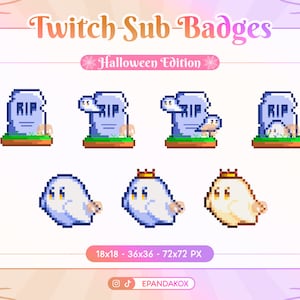 Könnte beinhalten: Satz von sechs Pixel-Art-Twitch-Sub-Badges mit einem gruseligen Halloween-Thema. Die Badges beinhalten einen Grabstein mit der Aufschrift RIP, ein Gespenst und ein Gespenst mit einer Krone. Die Badges sind in drei Größen erhältlich: 18x18, 36x36 und 72x72 Pixel.
