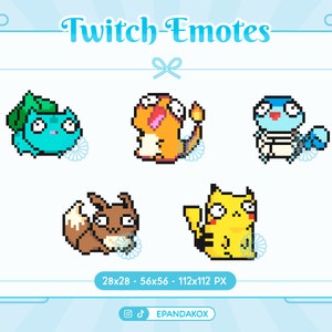 Emote Pokemon Pixel per Twitch, Emote Pokemon 8 bit, Eevee emote, Emote per Twitch, Emote Pikachu, Pacchetto emote Pokemon, Pacchetto Pokemon